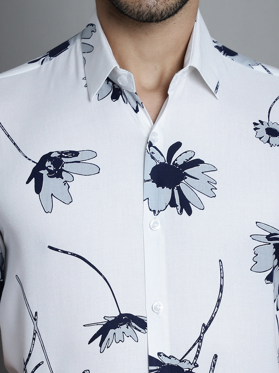 Jainish Men's Floral Printed Formal Shirts - White - Distacart