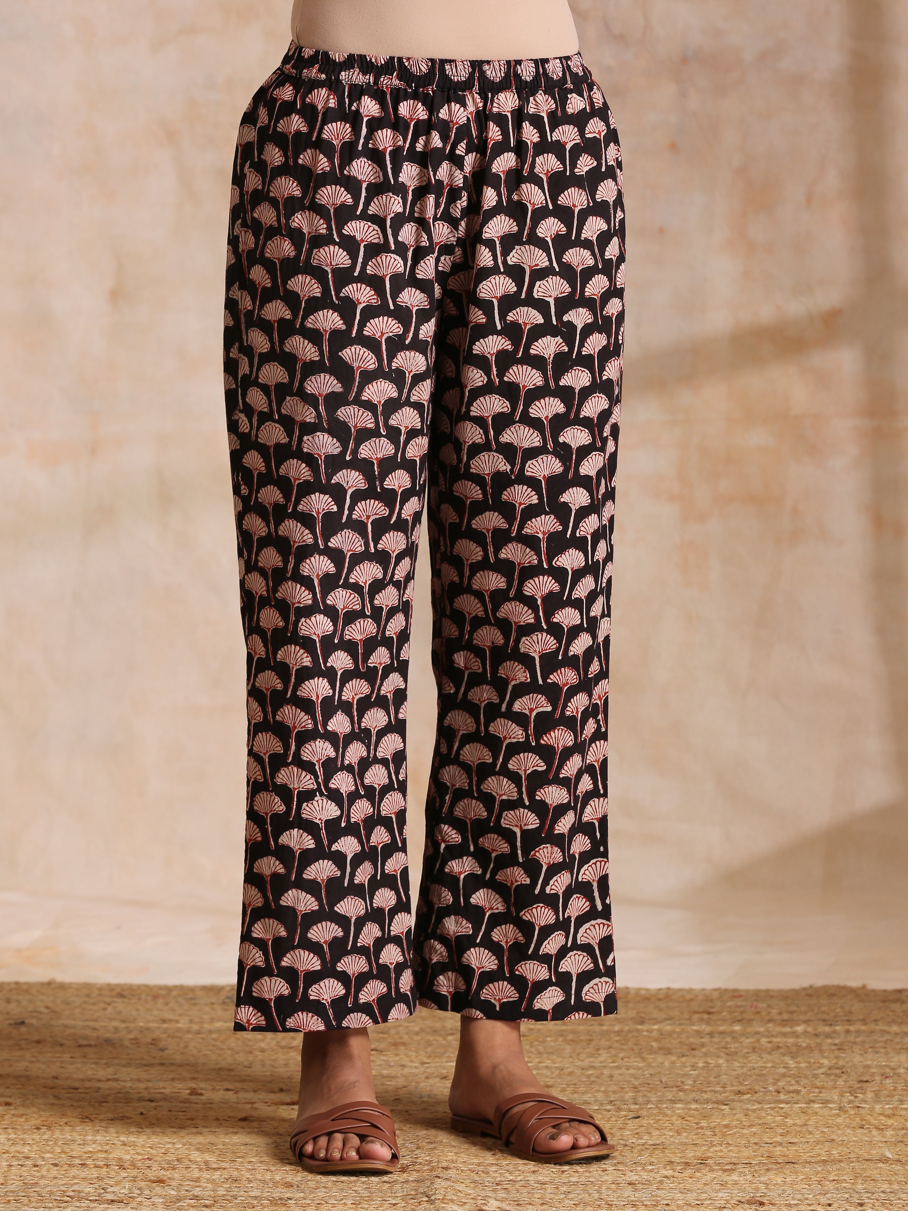 trueBrowns Rust Red Bagru Floral Print Cotton Panel Kaftan Kurta Pant Set - Distacart