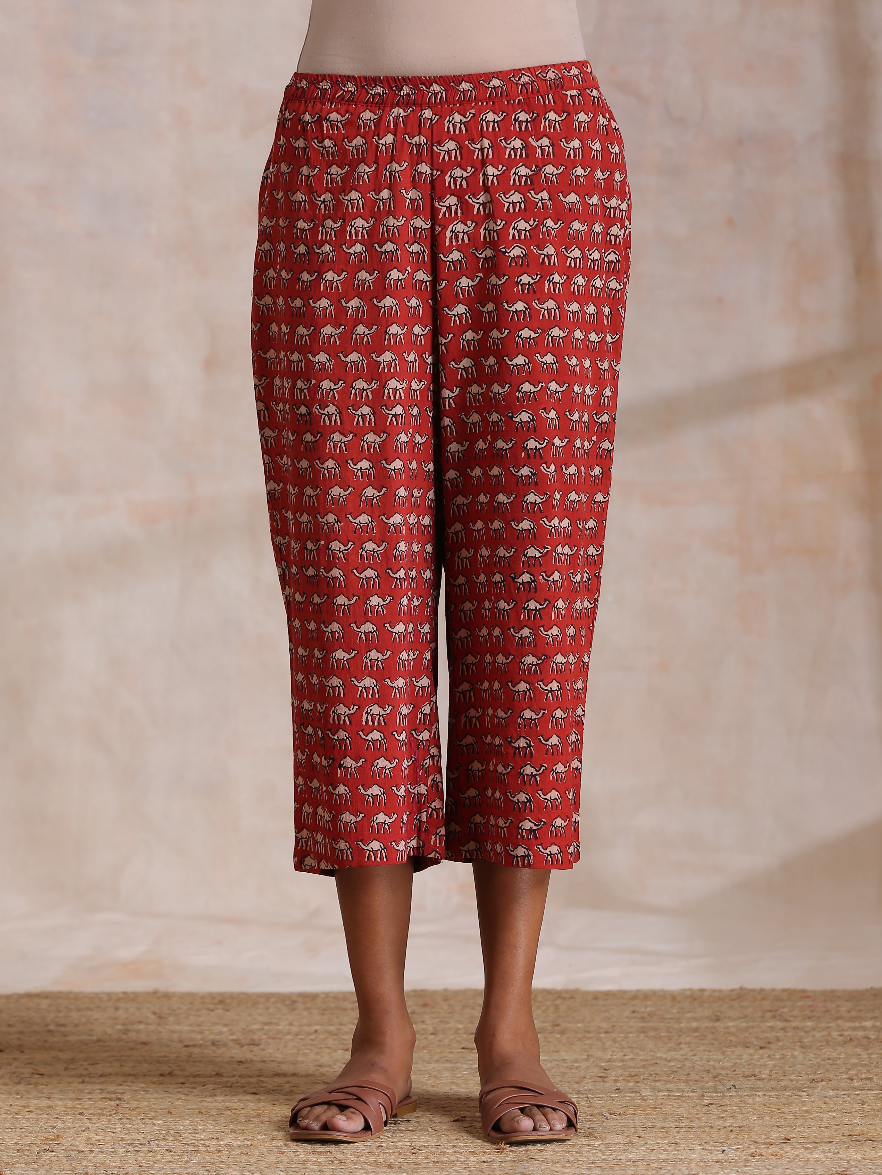 trueBrowns Rust Red Bagru Camel Print Cotton High-Low Co-Ord Set - Distacart