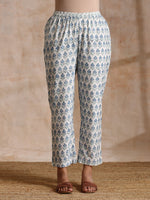 Thumbnail for trueBrowns White With Blue Green Buta Print Cotton Flared Kurta Pant Set - Distacart