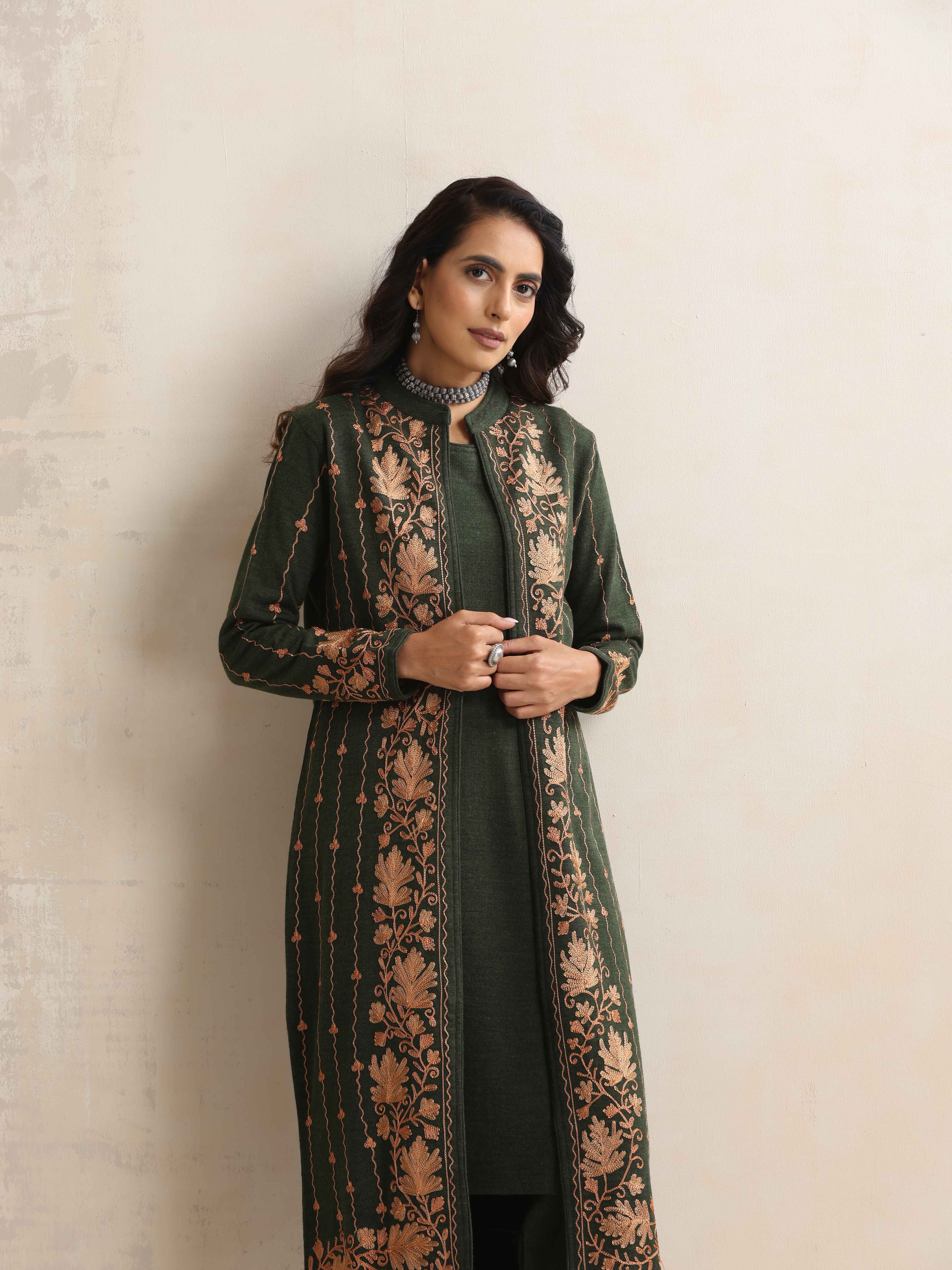 trueBrowns Green Kashmiri Woollen Jacket 3pc Set - Distacart