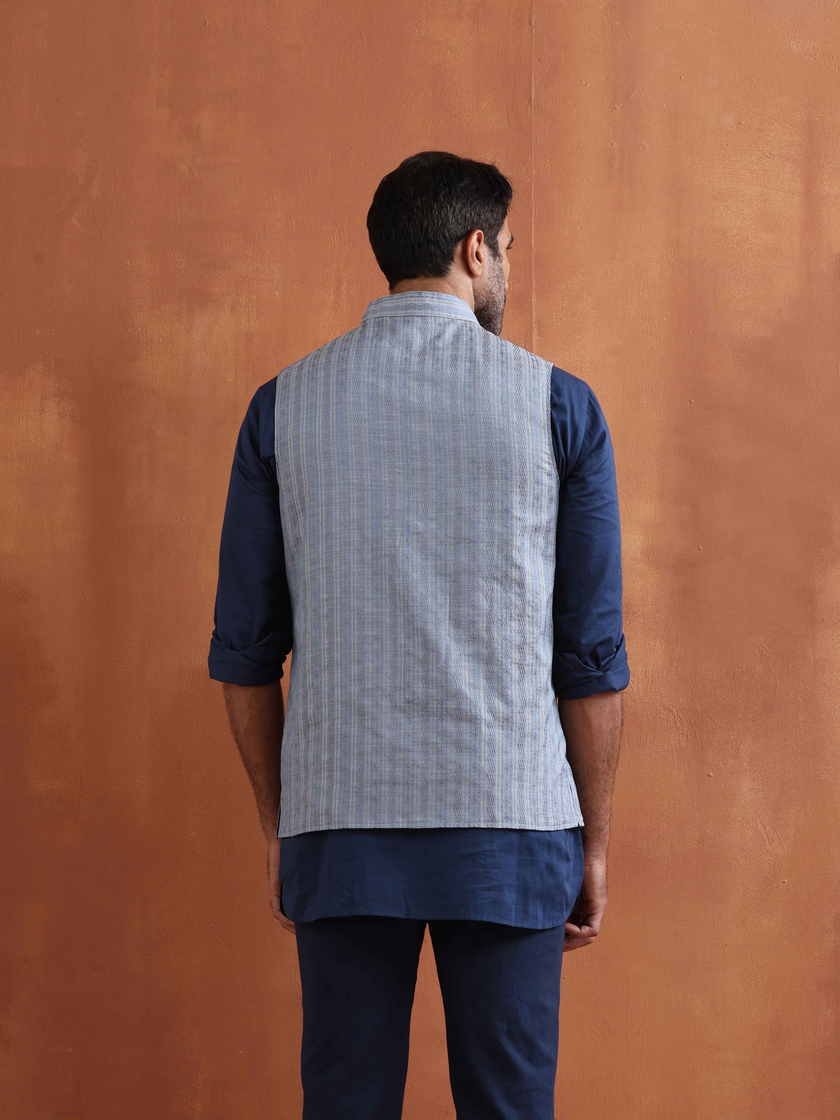 trueBrowns Men's Blue Chanderi Reversible Nehru Jacket - Distacart
