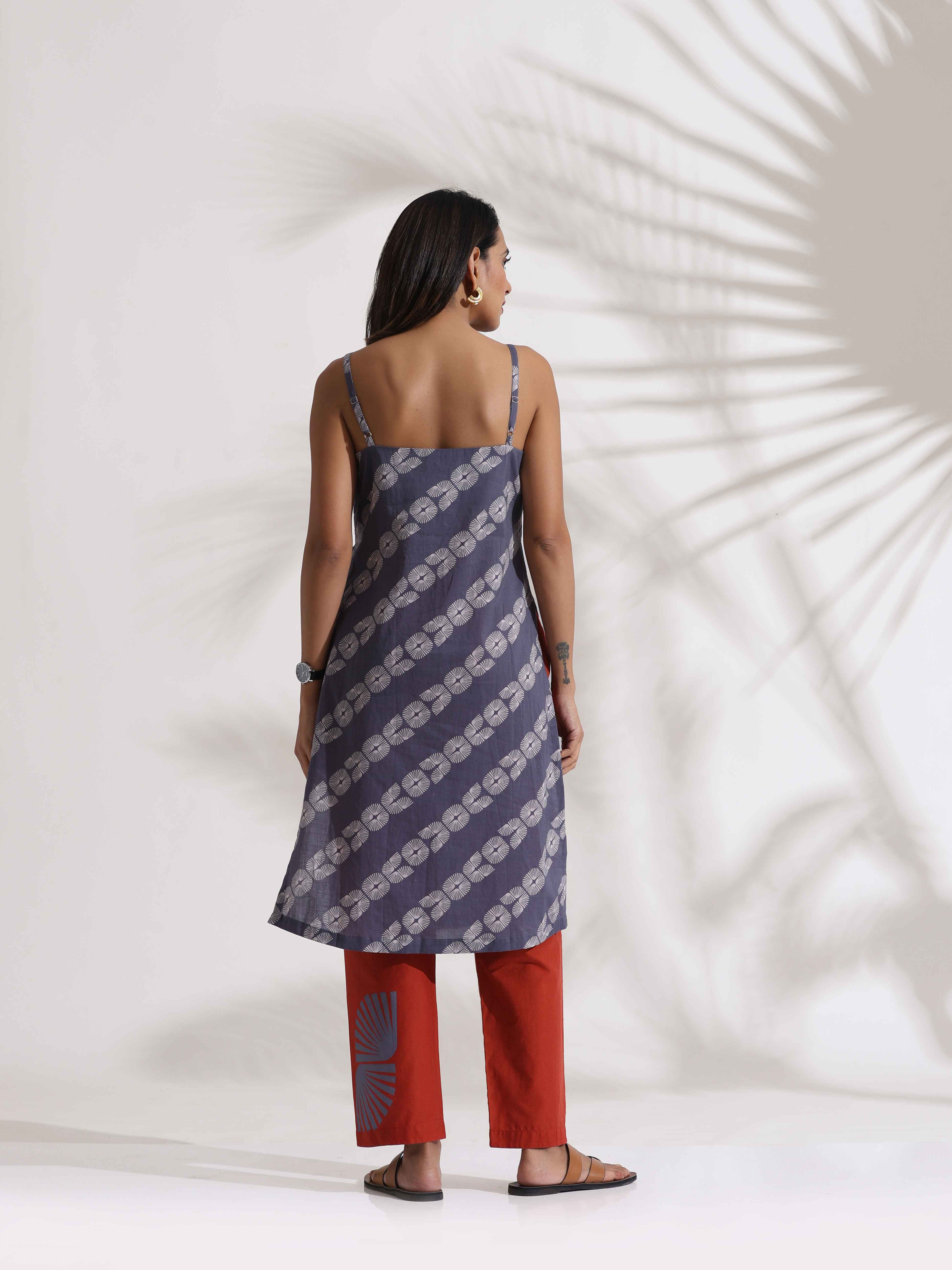 trueBrowns Grey Cotton Print Highslit Kurta Set - Distacart