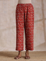 Thumbnail for trueBrowns Rust Red Bagru Fish Print Cotton Gathers Co-Ord Set - Distacart