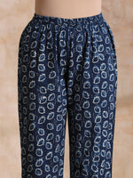 Thumbnail for trueBrowns Indigo Dabu Zig-Zag Lines Print Cotton Flared Kurta Pant Set - Distacart