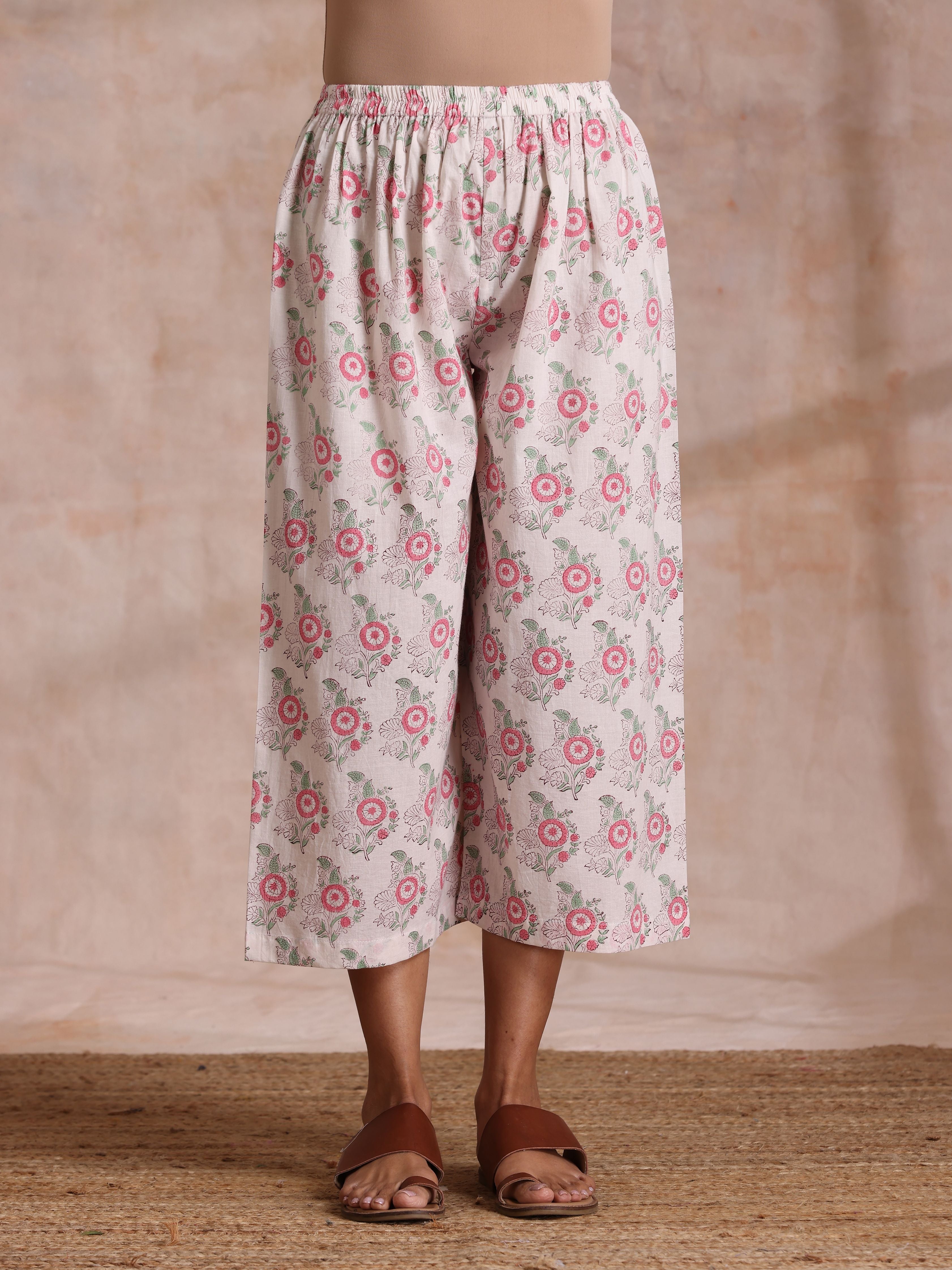 trueBrowns Pink Green Buta On White Block Print Cotton High-Low Co-Ord Set - Distacart