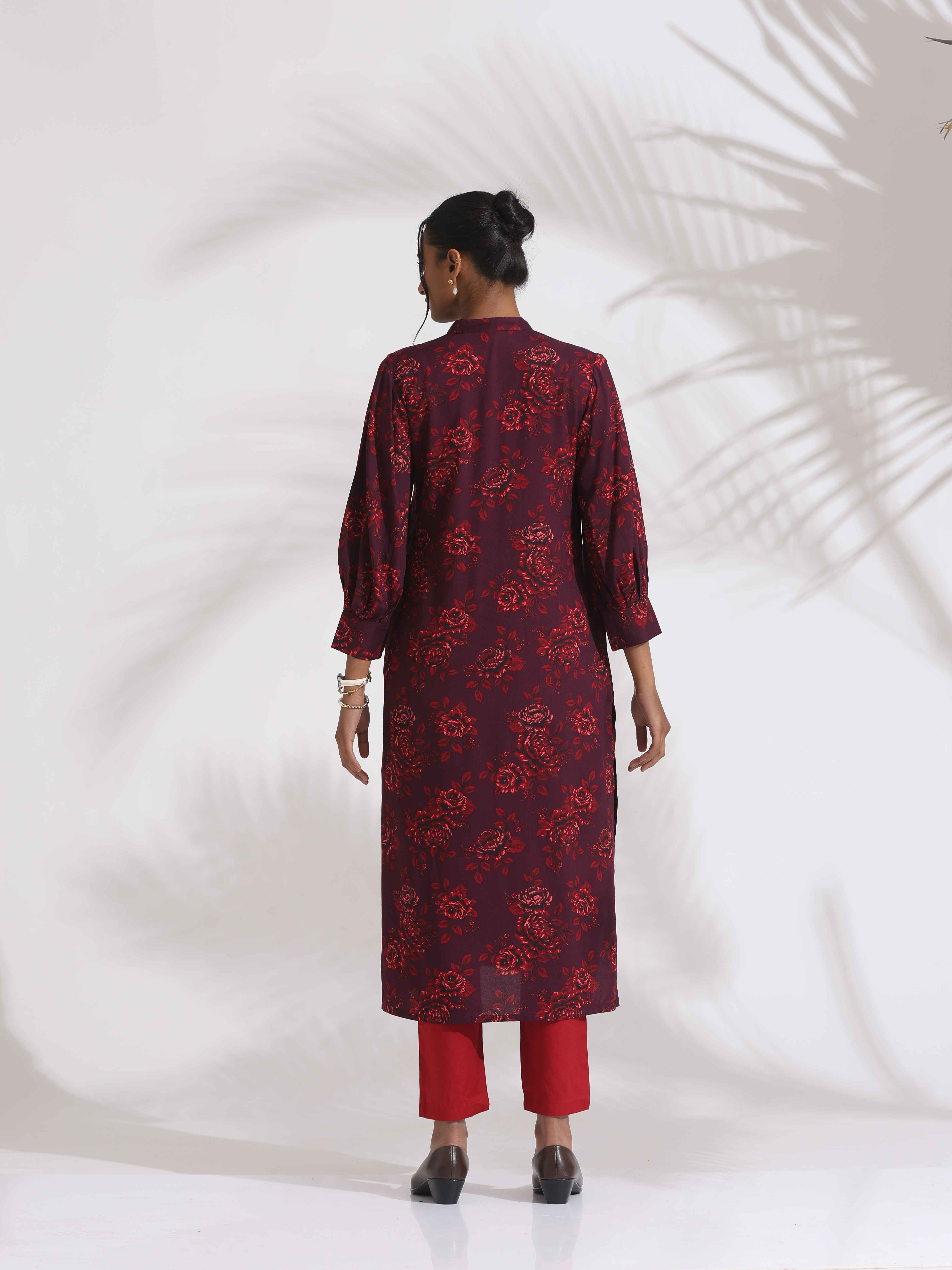 trueBrowns Purple Floral Print Kurta Set - Distacart