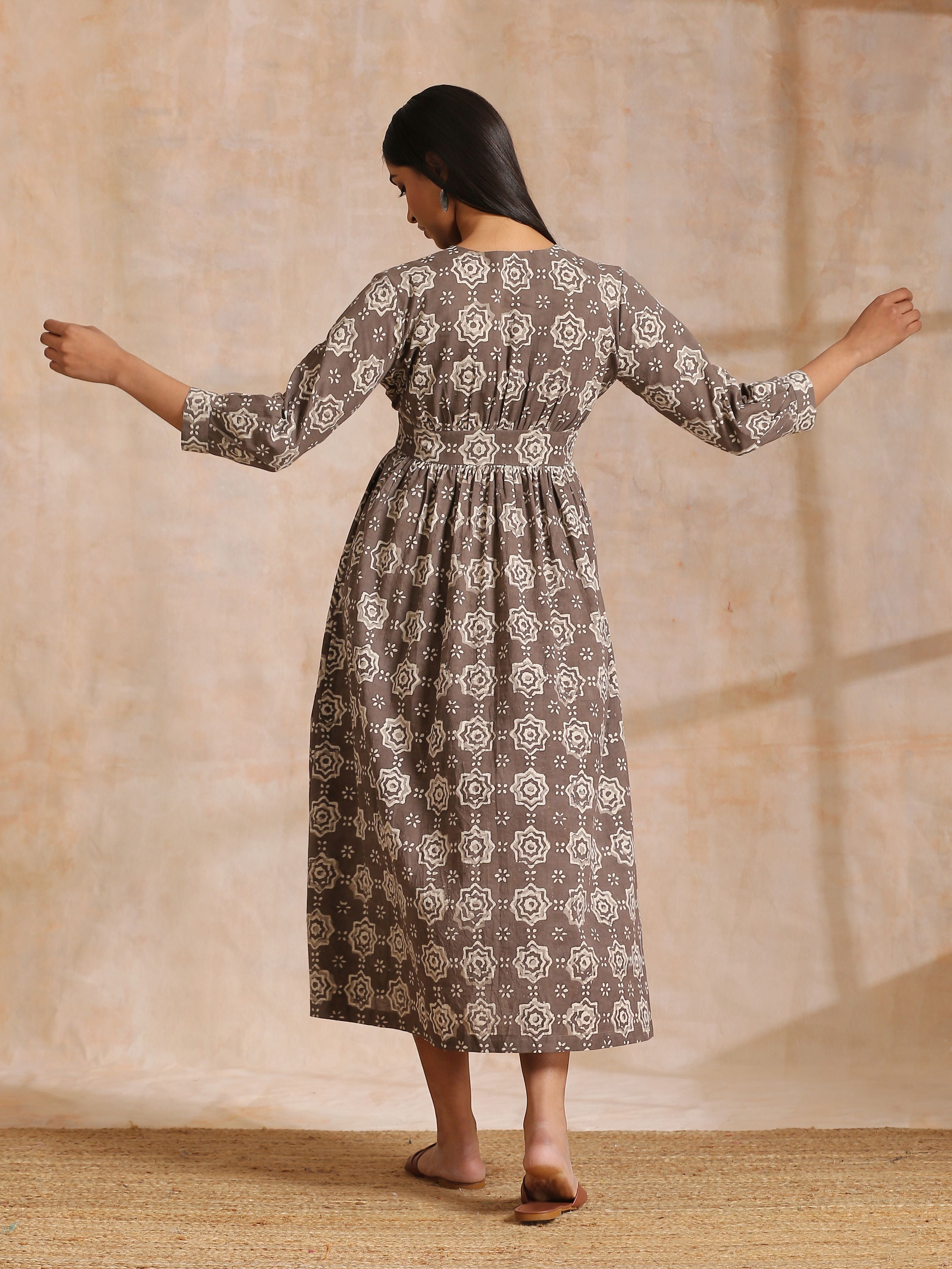 trueBrowns Clay Dabu Overall Print Cotton Wrap Dress | Relove - Distacart