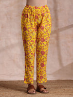 Thumbnail for trueBrowns Sunshine Yellow Overall Floral Block Print Cotton Kurta Pant Dupatta Set - Distacart