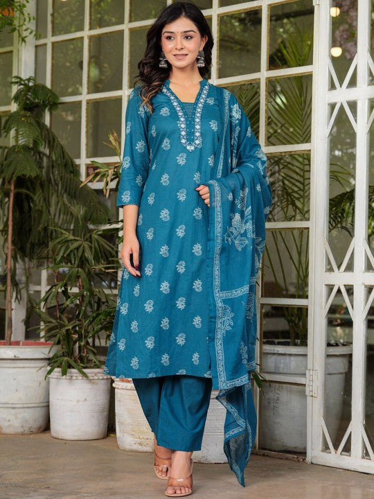 Floral Printed V-Neck Pure Cotton Straight Kurta Palazzos & With Dupatta (Blue) - Rasiya