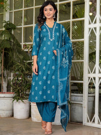 Thumbnail for Floral Printed V-Neck Pure Cotton Straight Kurta Palazzos & With Dupatta (Blue) - Rasiya
