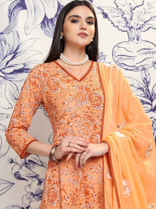 Vishudh Peach Floral Printed Regular Pure Cotton Kurta with Trousers & Dupatta - Distacart