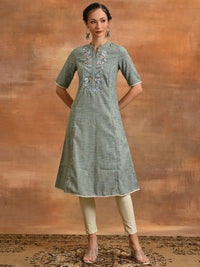 Thumbnail for Aks Floral Embroidered Thread Work Cotton A-Line Kurta - Distacart