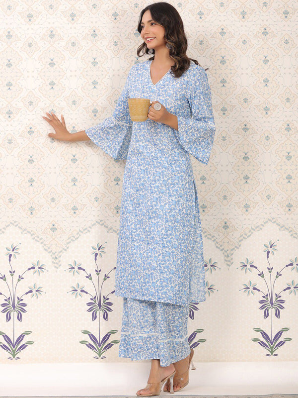 Ode by House of Pataudi Floral Printed Bell Sleeves Pure Cotton Kurta With Palazzos - Distacart