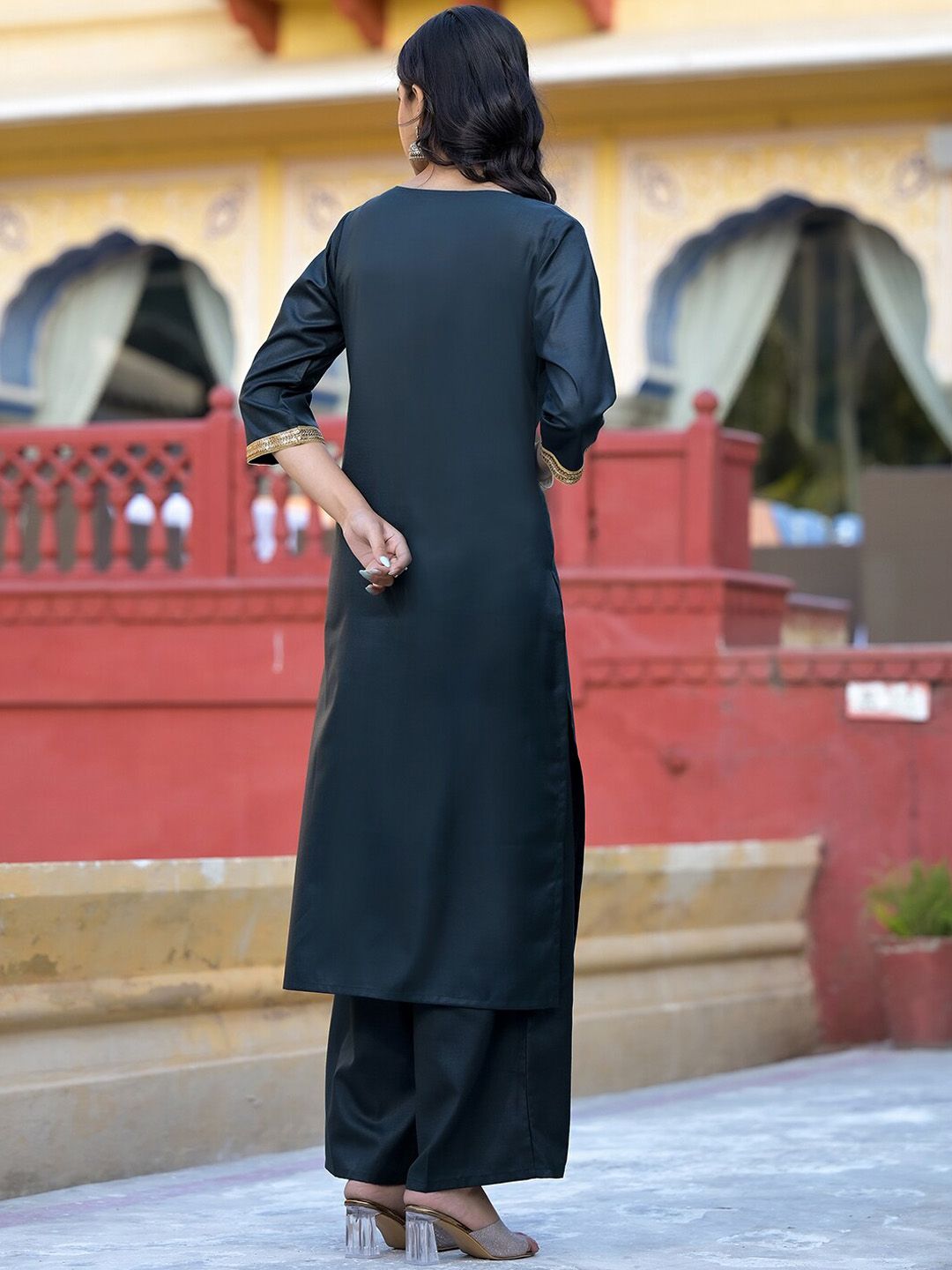 Vishudh Green Round Neck Embellished Straight Kurta & Palazzos With Dupatta - Distacart