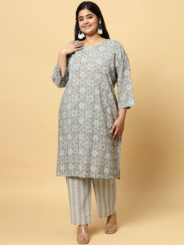Sztori Plus Size Ethnic Motifs Printed Pure Cotton Kurta & Trouser - Distacart