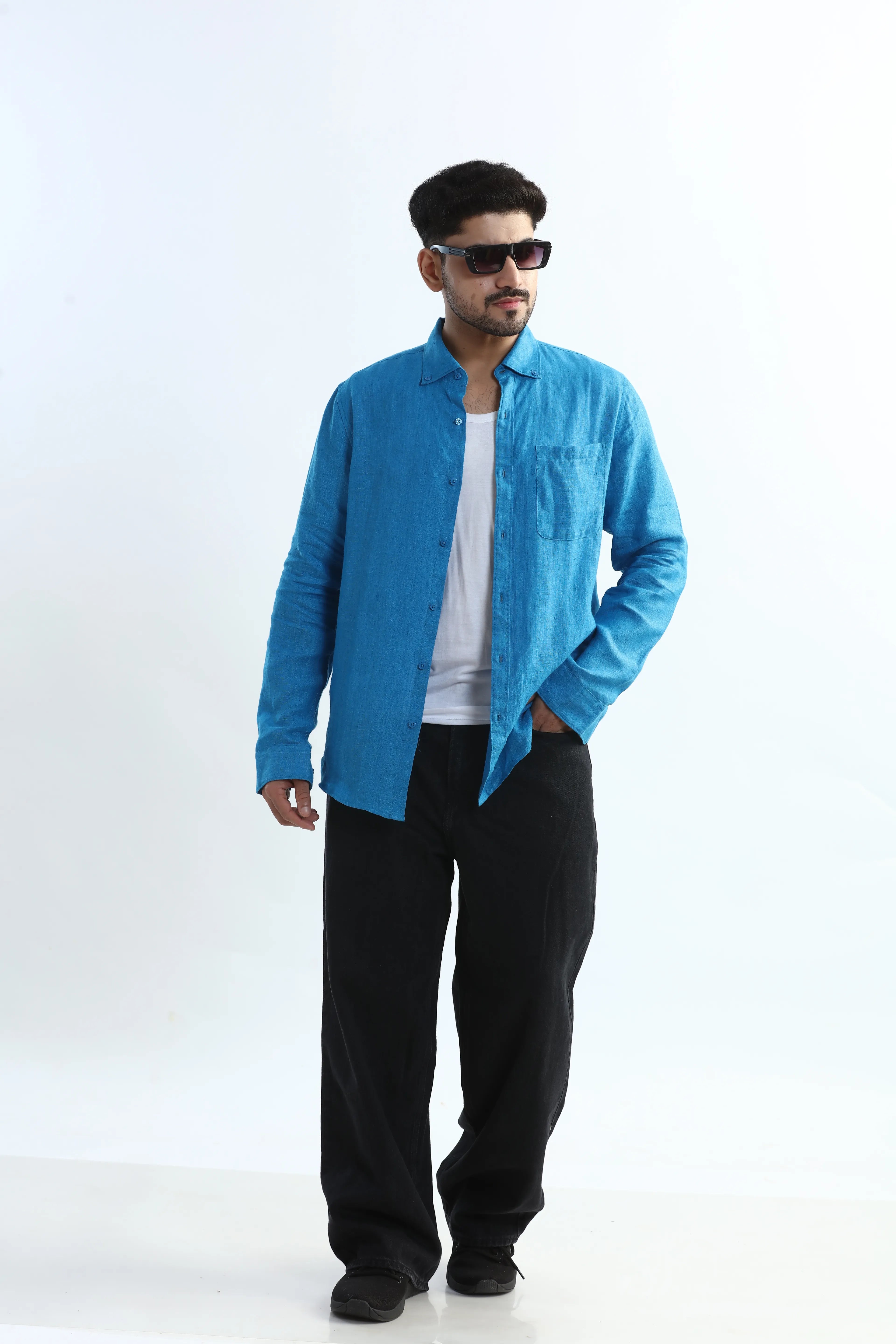 Xkind Blue 100% Pure Linen Button Down Casual Shirt
