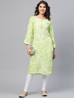 Thumbnail for ADA Women Green & White Chikankari Embroidered Cotton Straight Sustainable Kurta - Distacart