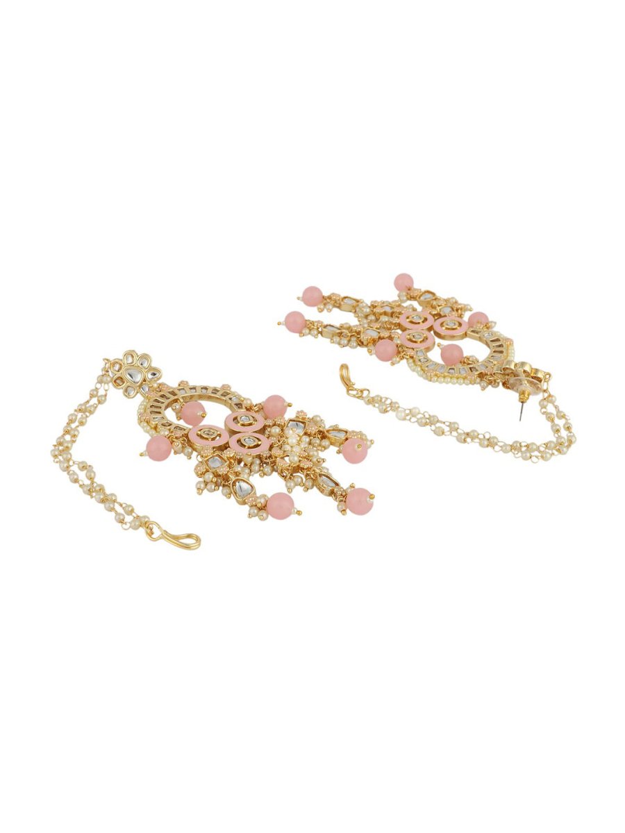 Anikas Creation Pink & Gold-Plated Kundan Contemporary Chandbalis With Ear Chain Earrings - Distacart
