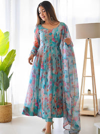 Thumbnail for Kalini Floral Printed Gotta Patti Anarkali Kurta With Trousers & Dupatta - Distacart