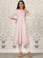 Thumbnail for Ode by House of Pataudi Floral Printed Gotta Patti Pure Cotton A-Line Kurta - Distacart