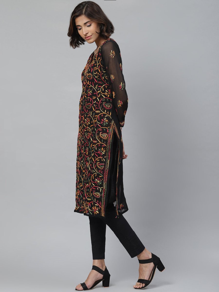 ADA Women Black & Mustard Yellow Chikankari Embroidered Sustainable Kurta with Trousers - Distacart