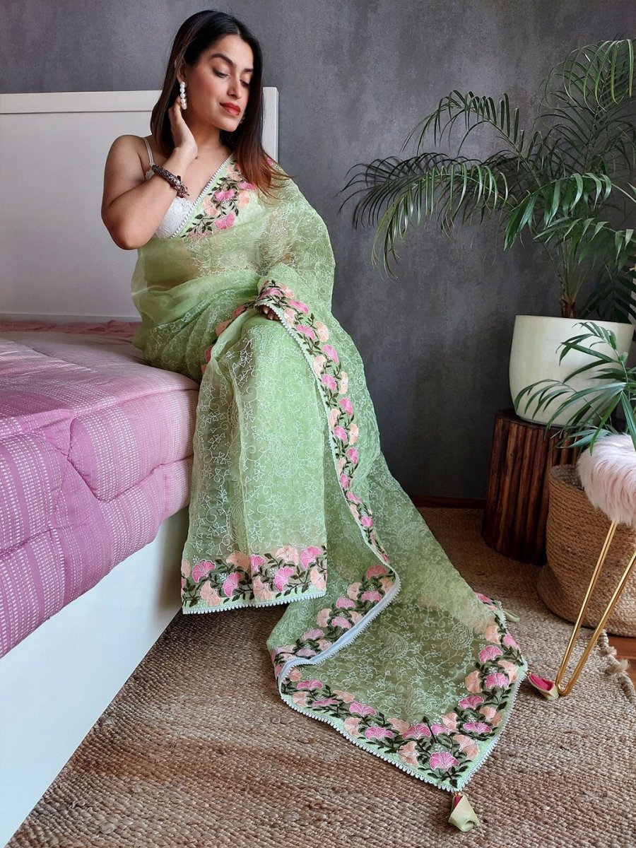 Anouk Green & Pink Floral Embroidered Organza Saree - Distacart