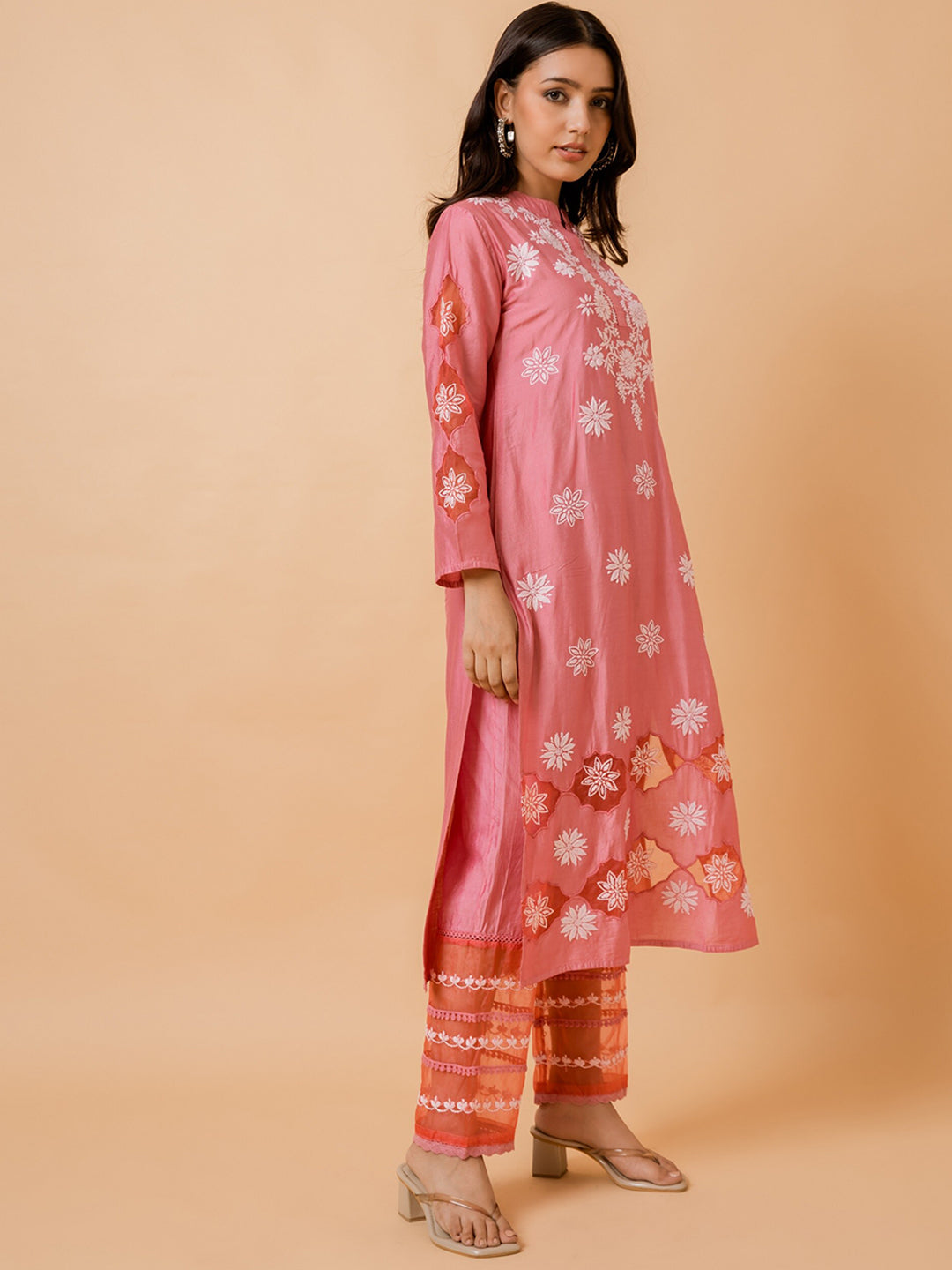 HOUSE OF KARI Ethnic Motifs Embroidered Chikankari Straight Chanderi Silk Kurta - Distacart