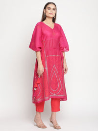 Thumbnail for Ahalyaa Pink Chanderi Orange khari Print Kaftan With Trouser