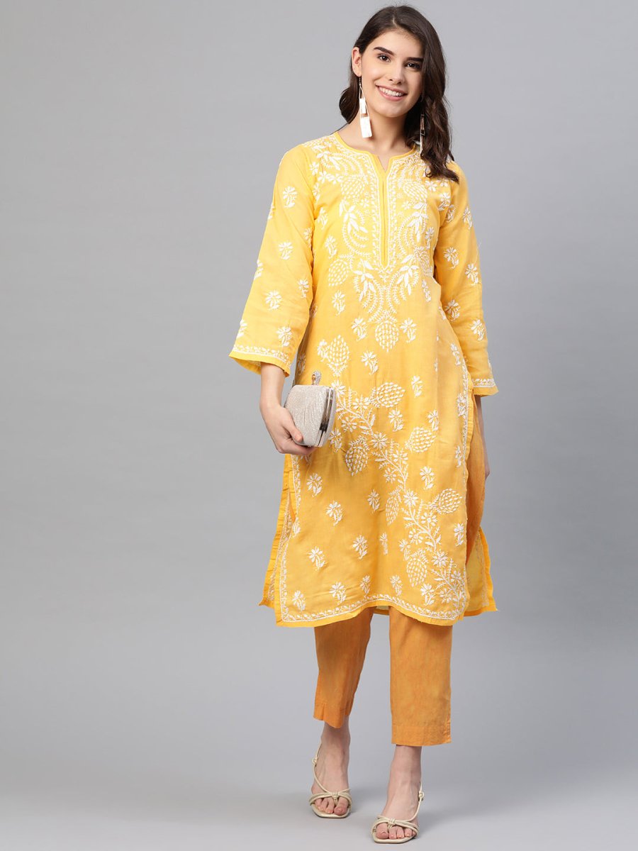 ADA Women Yellow & White Chikankari Embroidered Straight Sustainable Handloom Kurta - Distacart