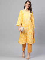 Thumbnail for ADA Women Yellow & White Chikankari Embroidered Straight Sustainable Handloom Kurta - Distacart