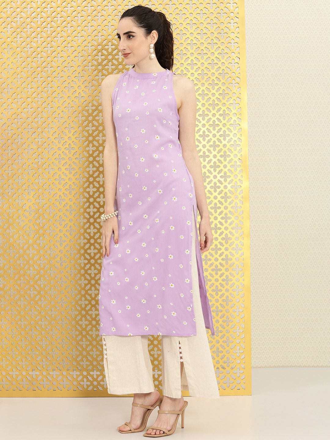 Ode by House of Pataudi Women Lavender & White Floral Printed Rozana Kurta - Distacart
