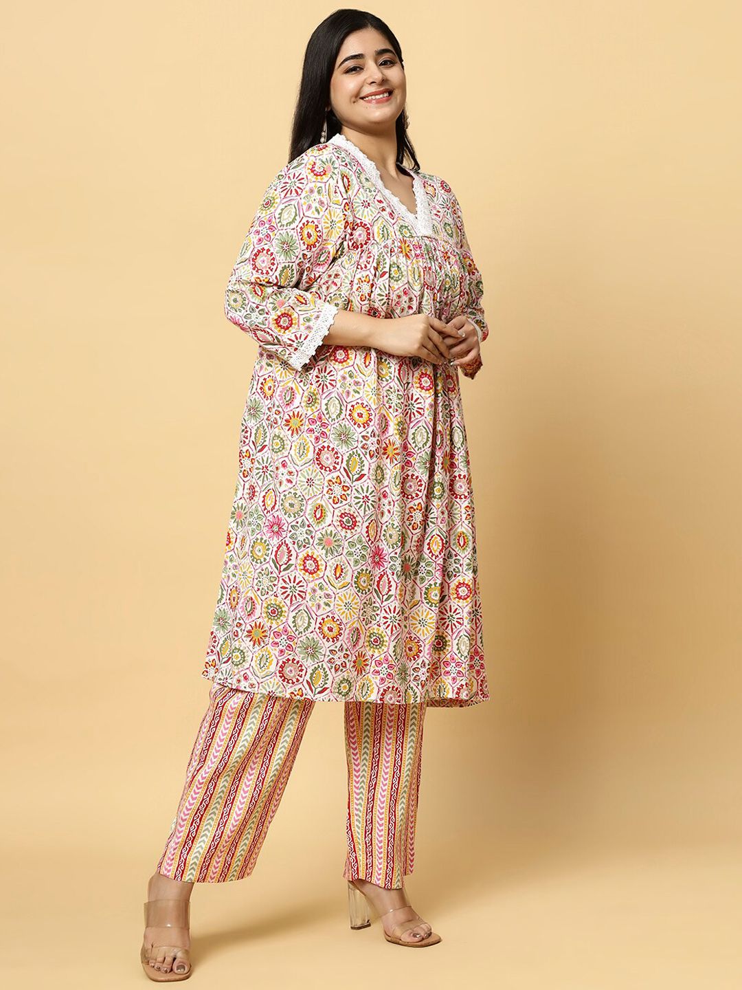 Sztori Plus Size Floral Printed V- Neck Pleated Pure Cotton A-Line Kurta With Lace Detail - Distacart