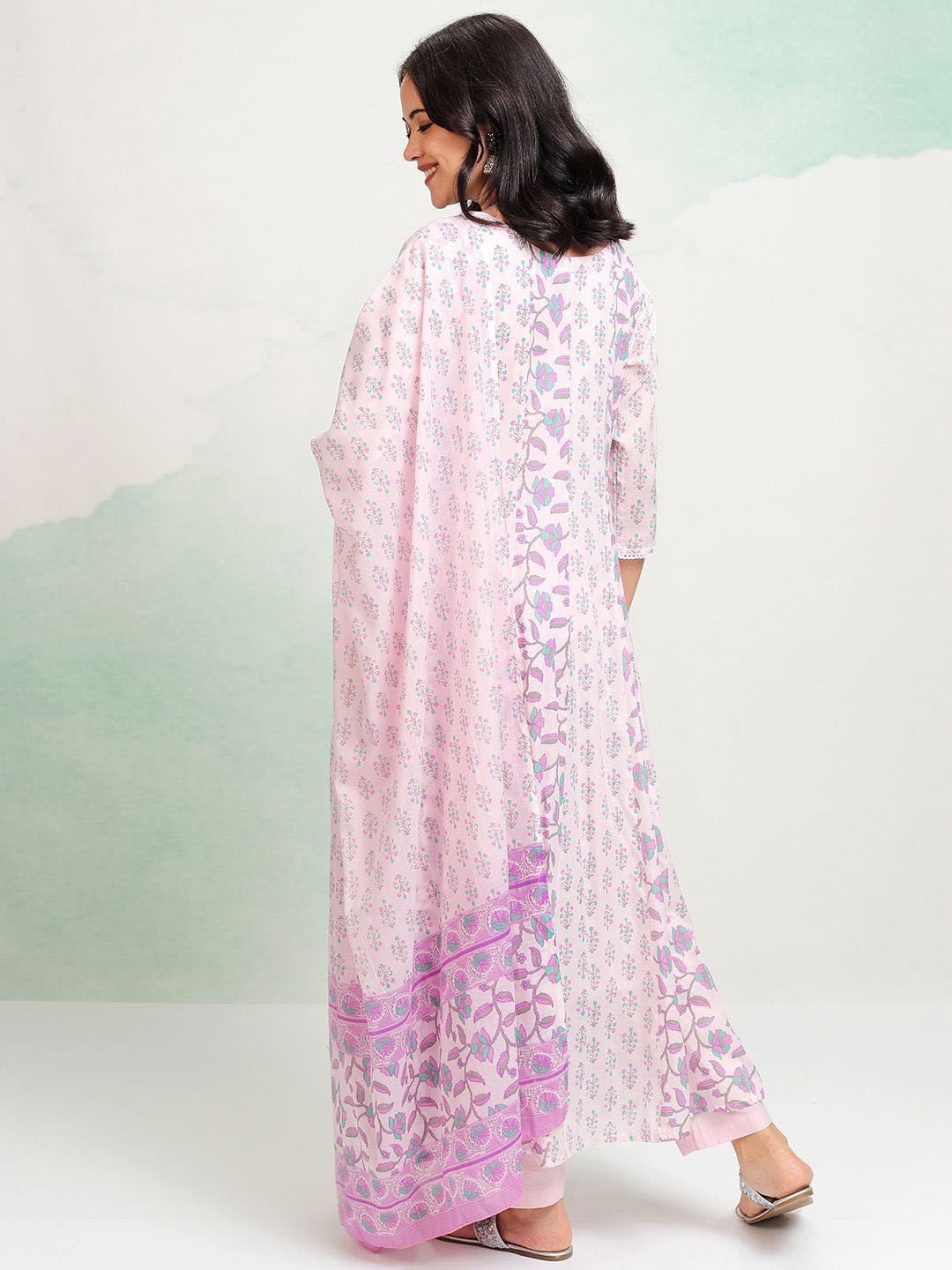 Vishudh Floral Printed Mirror Work Pure Cotton Anarkali Kurta With Trousers & Dupatta