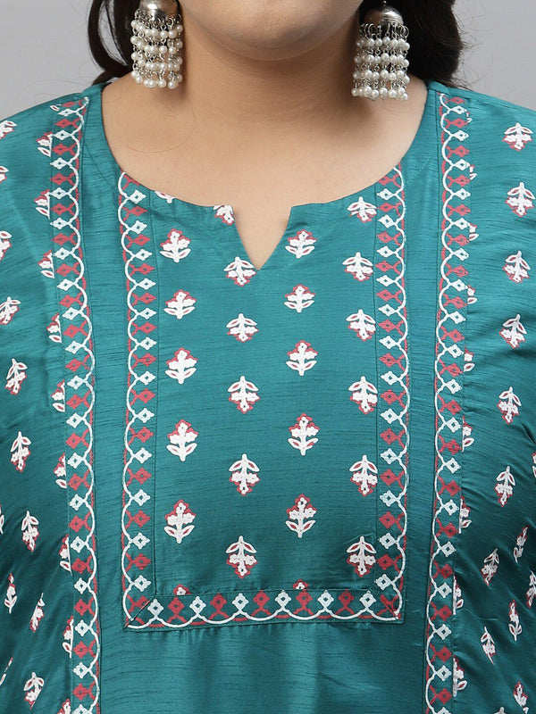 Sztori Plus Size Floral Printed Art Silk Kurta With Trousers - Distacart