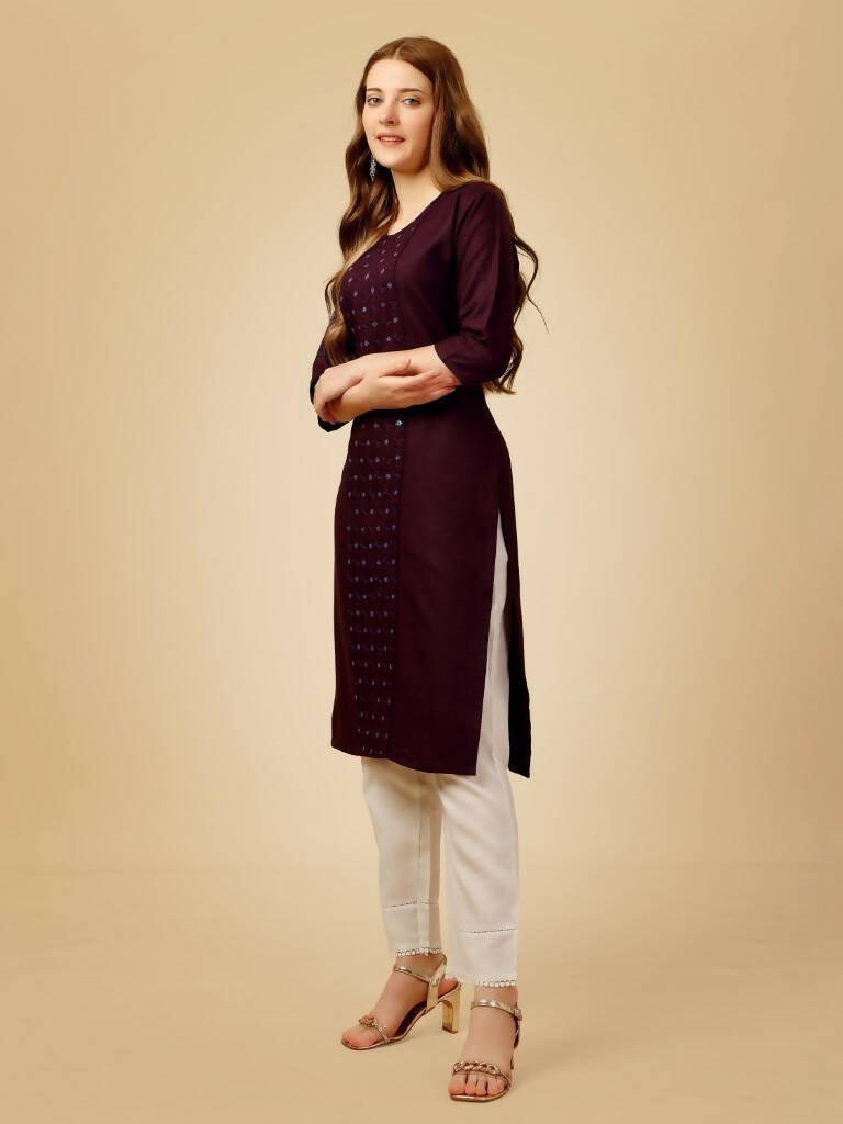 Aastha Fashion Women's Wine Cotton Blend Embroidered Kurta Pant Set - Distacart
