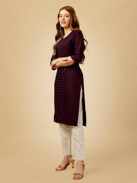 Thumbnail for Aastha Fashion Women's Wine Cotton Blend Embroidered Kurta Pant Set - Distacart
