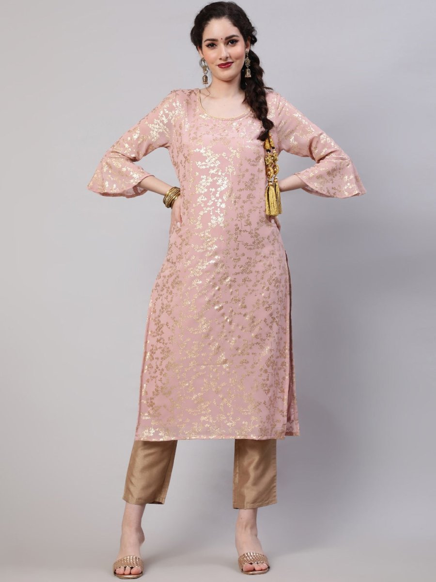 Aks Floral Printed Bell Sleeves Regular Kurta With Trousers - Distacart