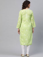 Thumbnail for ADA Women Green & White Chikankari Embroidered Cotton Straight Sustainable Kurta - Distacart