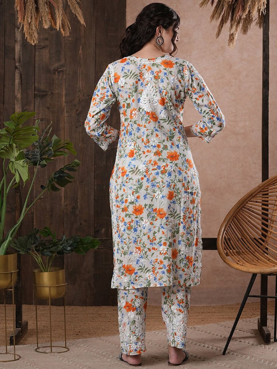 ADA Floral Printed Round Neck Regular Lucknowi Chikankari Kurta with Trousers - Distacart
