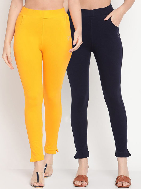 TAG 7 Set Of 2 Yellow & Navy Blue Solid Leggings - Distacart