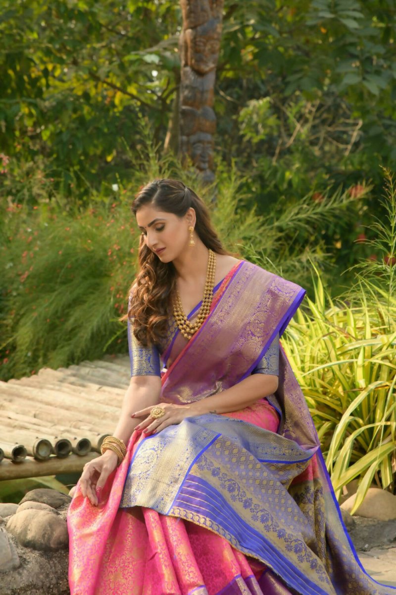 Aastha Fashion Pink Woven Kanchipuram Silk Saree with Blouse - Distacart