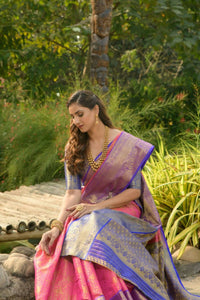 Thumbnail for Aastha Fashion Pink Woven Kanchipuram Silk Saree with Blouse - Distacart