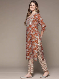 Thumbnail for Anubhutee Rust Red Embroidered Pure Cotton Kurta with Trousers & Dupatta - Distacart