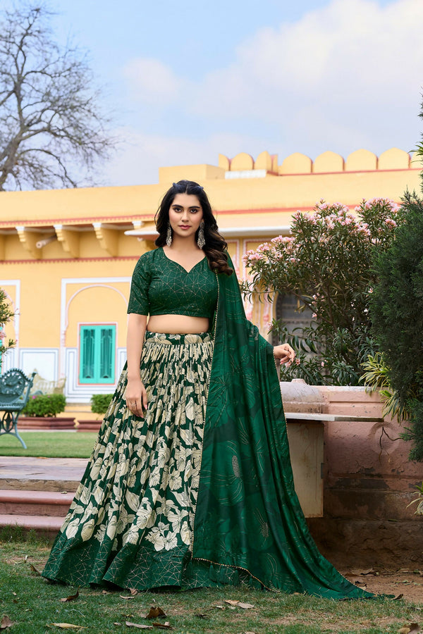 Vastranavya Ethnic Look Tussar Silk Floral Printed With Foil Work Indian Lehenga Choli - Green - Distacart