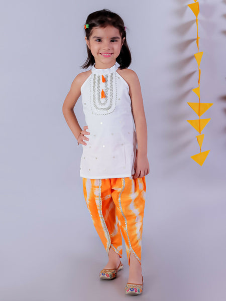 Lil Drama Janmashtami White Girls Cotton Kurta and Orange Dhoti Ethnic Set - Distacart