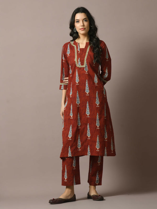 Myshka Women's Rust Printed Cotton Straight Party Kurta Set - Distacart
