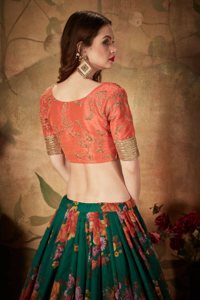 Aastha Fashion Women's Refreshing Dark Green Floral Print Organza Silk Wedding Lehenga Choli With Orange Blouse - Distacart