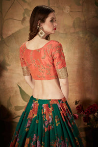 Thumbnail for Aastha Fashion Women's Refreshing Dark Green Floral Print Organza Silk Wedding Lehenga Choli With Orange Blouse - Distacart