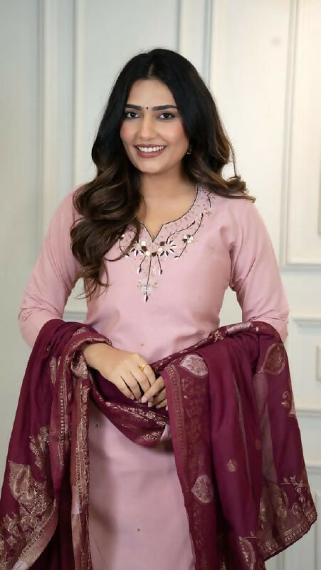 Preksha Creation Premium Light Pink Roman Silk Hand Work Kurti Pant Dupatta Set